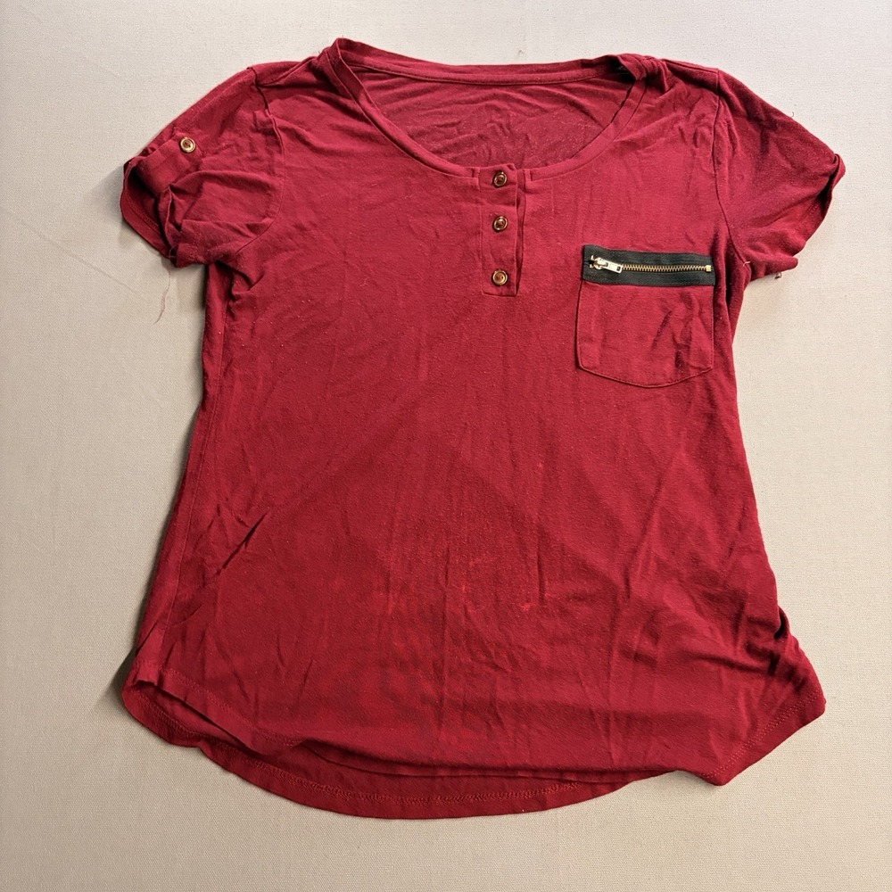 Women’s Red Henley Top Black Zip Pocket Roll Tab Sleeve Shirt Size S